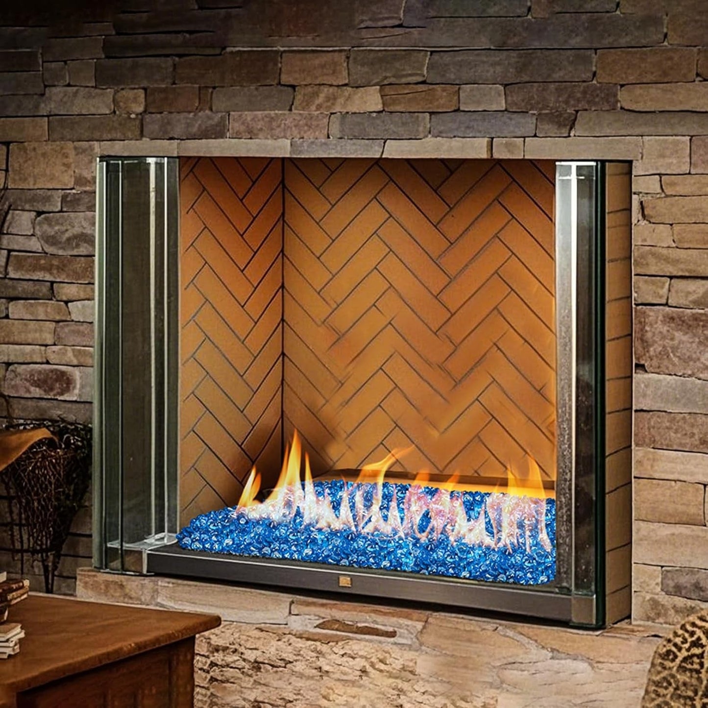 10 - Pound Fire Glass Diamonds for Fire Pit Fireplace Landscaping, 1/2 Inch Reflective Glass Fire - Diamonds, Caribbean Blue - LazyComfort