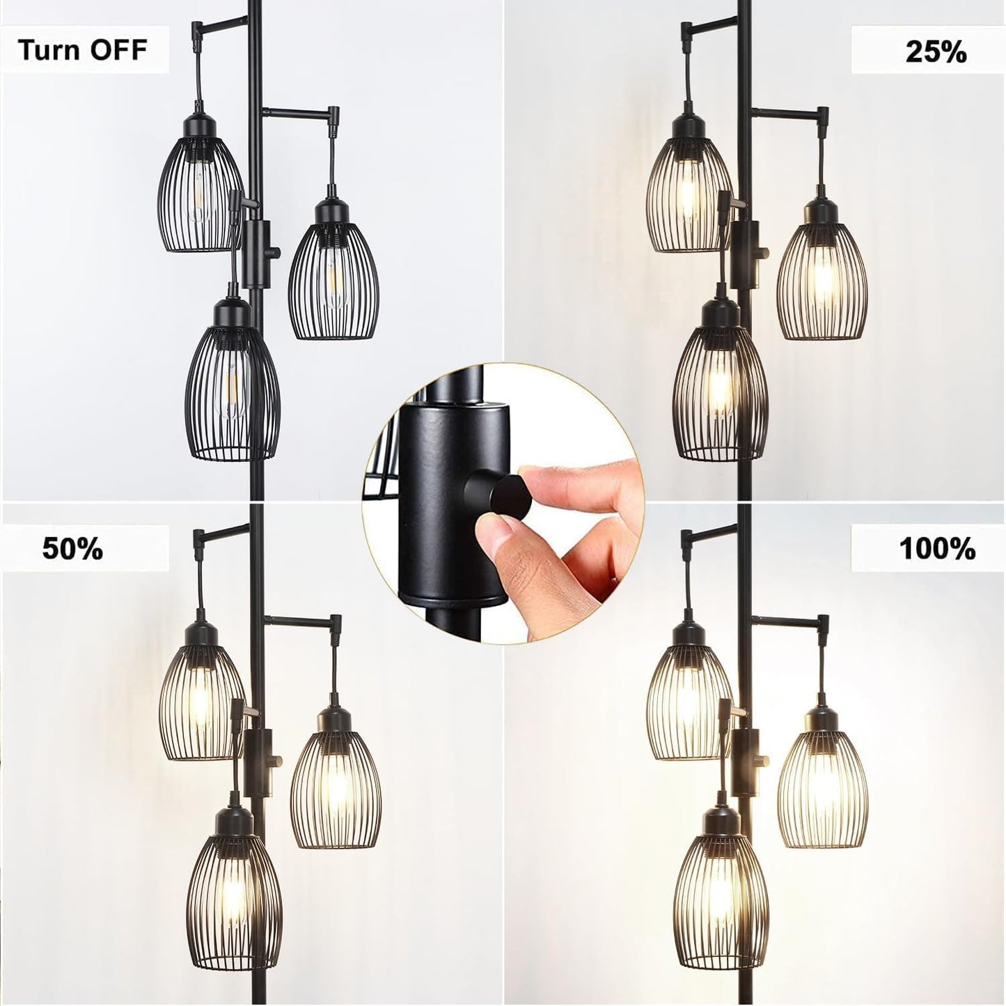 68’’ Dimmable Floor Lamp, 3 X 800LM LED Edison Bulbs Included, Industrial Floor Lamps for Living Room, Rustic Tall Lamps Standing Lamp for Bedrooms Living Room - LazyComfort
