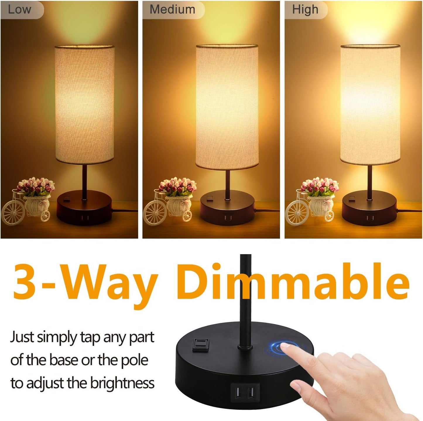 Set of 2 Touch Control Bedside Table Lamp, 3 - Way Dimmable Nightstand Lamps with 2 USB Charging Ports&1 AC Outlet, ST64 E26 LED Bulbs Included, Grey Fabric Cylinder Shade Ideal for Bedroom Living Room - LazyComfort