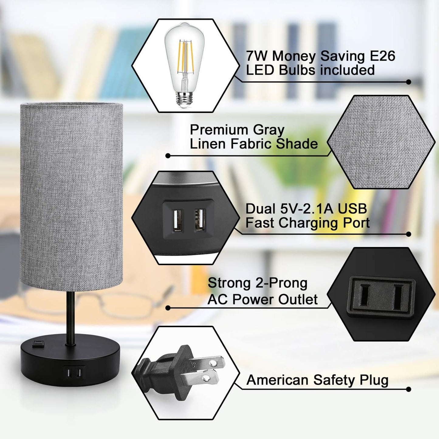 Set of 2 Touch Control Bedside Table Lamp, 3 - Way Dimmable Nightstand Lamps with 2 USB Charging Ports&1 AC Outlet, ST64 E26 LED Bulbs Included, Grey Fabric Cylinder Shade Ideal for Bedroom Living Room - LazyComfort