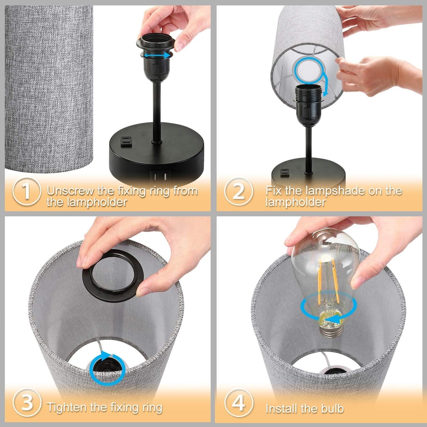 Set of 2 Touch Control Bedside Table Lamp, 3 - Way Dimmable Nightstand Lamps with 2 USB Charging Ports&1 AC Outlet, ST64 E26 LED Bulbs Included, Grey Fabric Cylinder Shade Ideal for Bedroom Living Room - LazyComfort