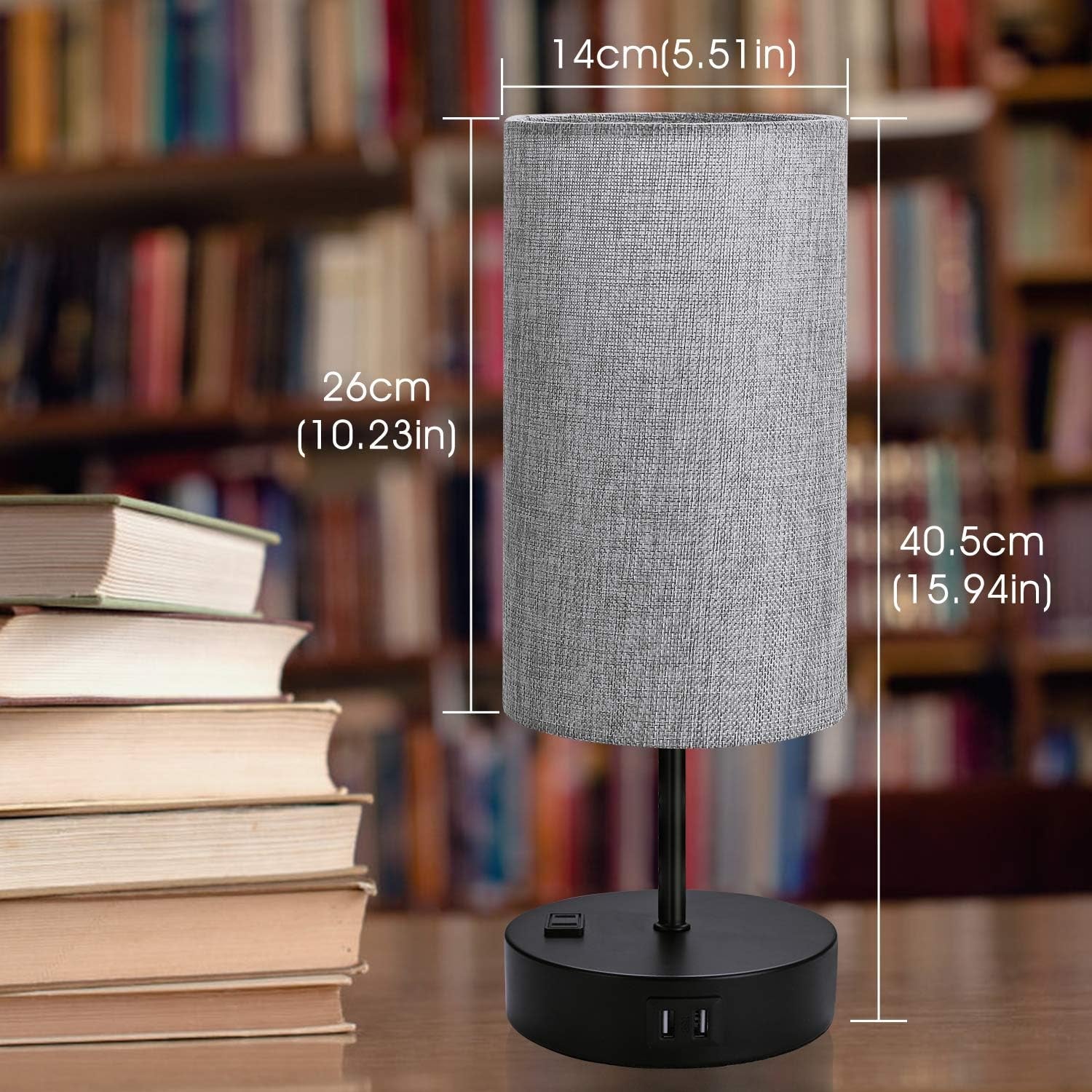 Set of 2 Touch Control Bedside Table Lamp, 3 - Way Dimmable Nightstand Lamps with 2 USB Charging Ports&1 AC Outlet, ST64 E26 LED Bulbs Included, Grey Fabric Cylinder Shade Ideal for Bedroom Living Room - LazyComfort