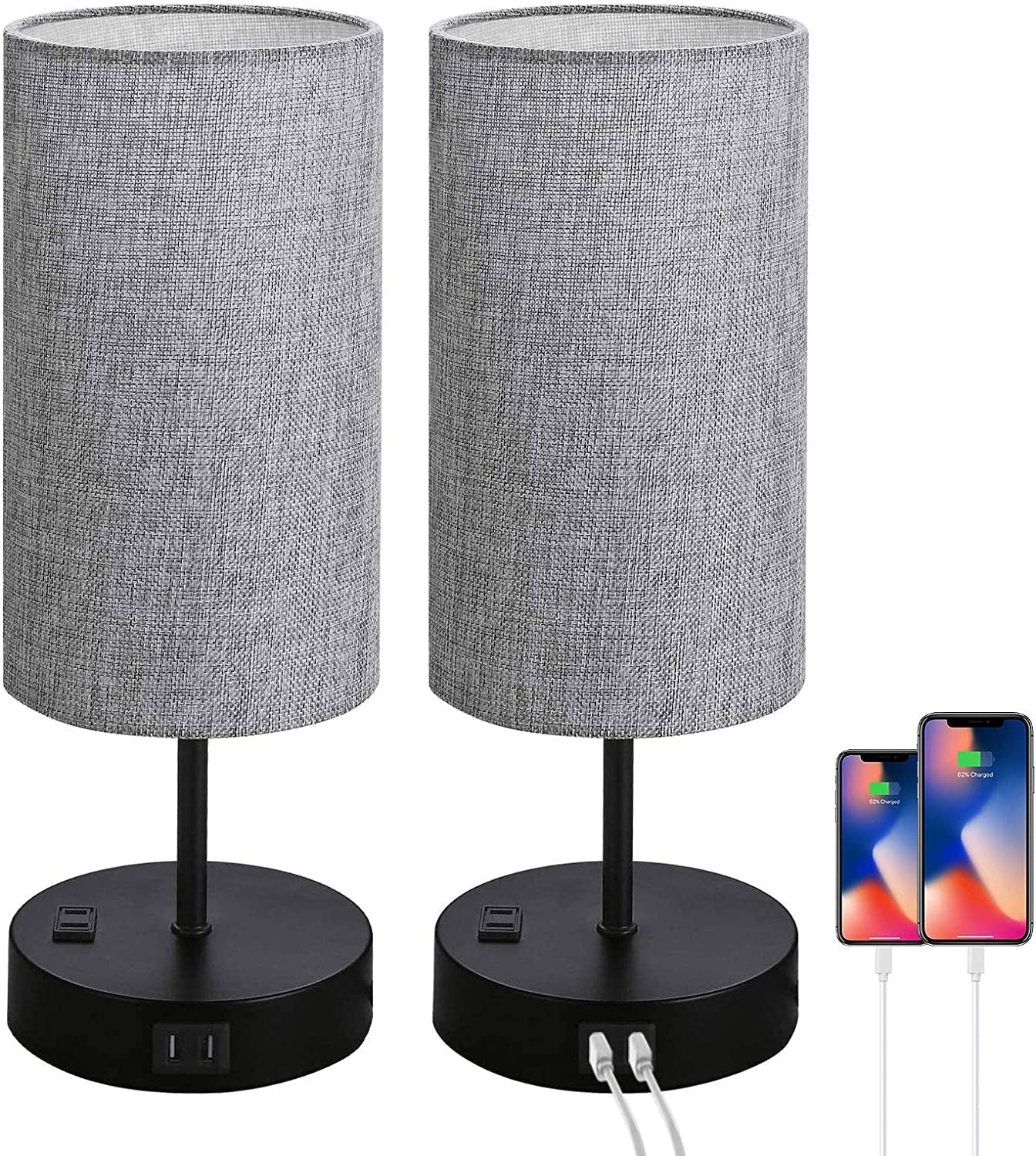 Set of 2 Touch Control Bedside Table Lamp, 3 - Way Dimmable Nightstand Lamps with 2 USB Charging Ports&1 AC Outlet, ST64 E26 LED Bulbs Included, Grey Fabric Cylinder Shade Ideal for Bedroom Living Room - LazyComfort