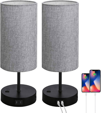 Set of 2 Touch Control Bedside Table Lamp, 3 - Way Dimmable Nightstand Lamps with 2 USB Charging Ports&1 AC Outlet, ST64 E26 LED Bulbs Included, Grey Fabric Cylinder Shade Ideal for Bedroom Living Room - LazyComfort