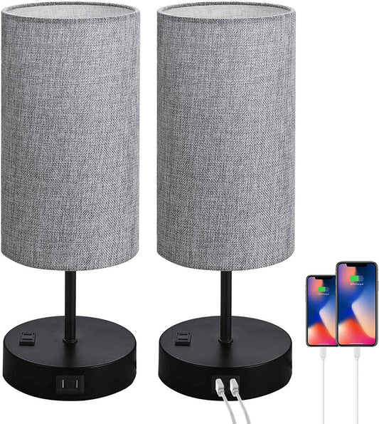 Set of 2 Touch Control Bedside Table Lamp, 3 - Way Dimmable Nightstand Lamps with 2 USB Charging Ports&1 AC Outlet, ST64 E26 LED Bulbs Included, Grey Fabric Cylinder Shade Ideal for Bedroom Living Room - LazyComfort